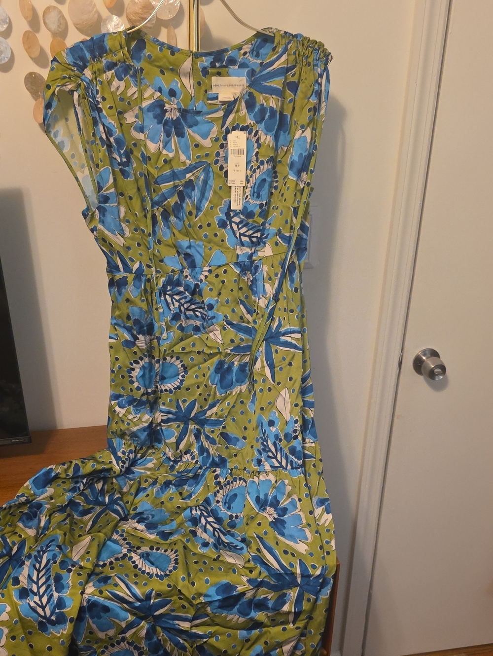 Anthropologie Blue Floral Maxi Dress on Green Ground